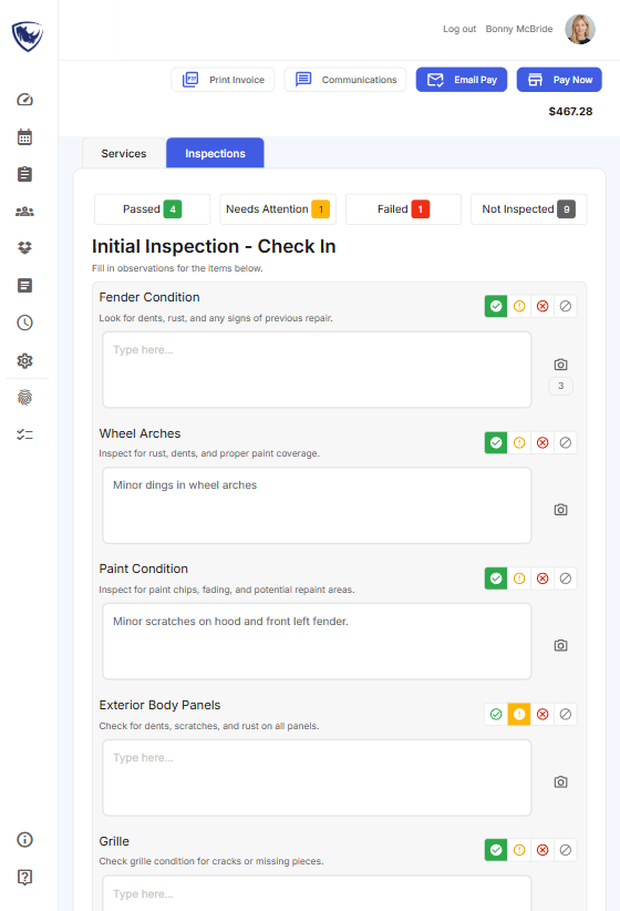 Technician view of Digital Vehicle Inspection form in Bay Boss