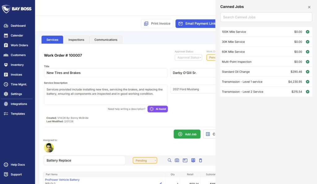 Easily added Canned jobs to any Bay Boss Work Order.