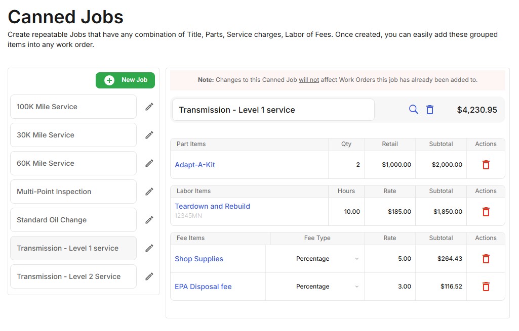 Create canned jobs in Bay Boss with complete parts, labor and fees.