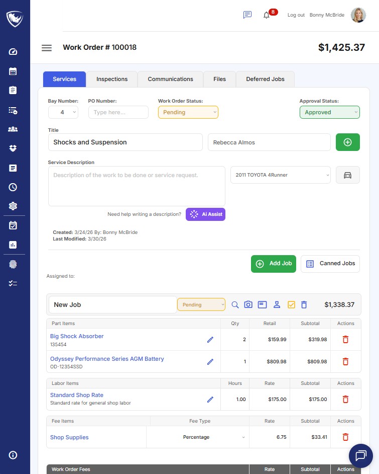 Bay Boss Work Order Details screen in mobile responsive view.