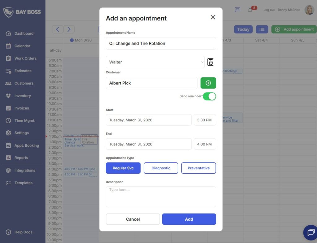 Creating an appointment in Bay Boss - Shop Management system for auto repair shops.
