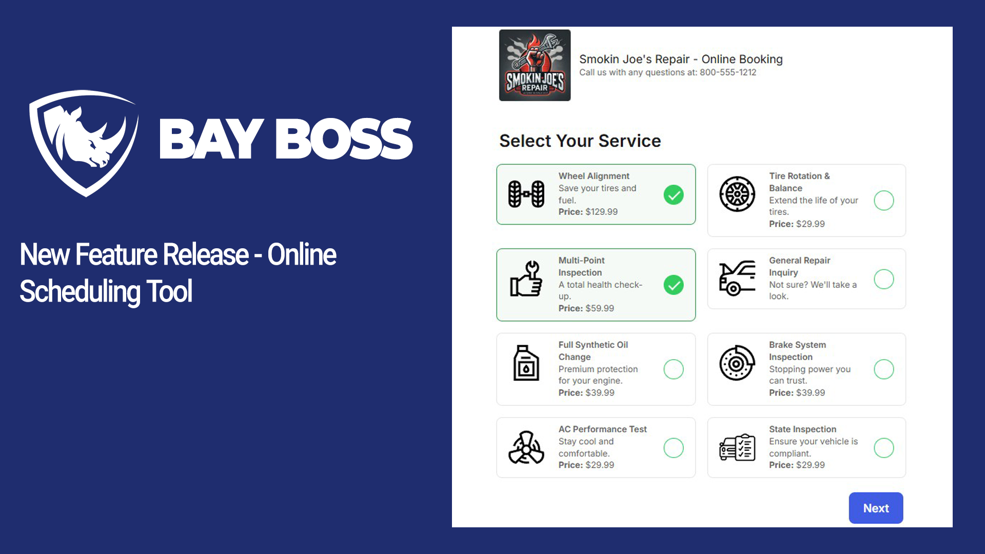 New Feature from Bay Boss - Online Scheduling Tool to allow customers to book appointments at your shop.