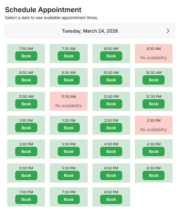 Bay Boss's online booking agent searches available time slots in your calendar for you.