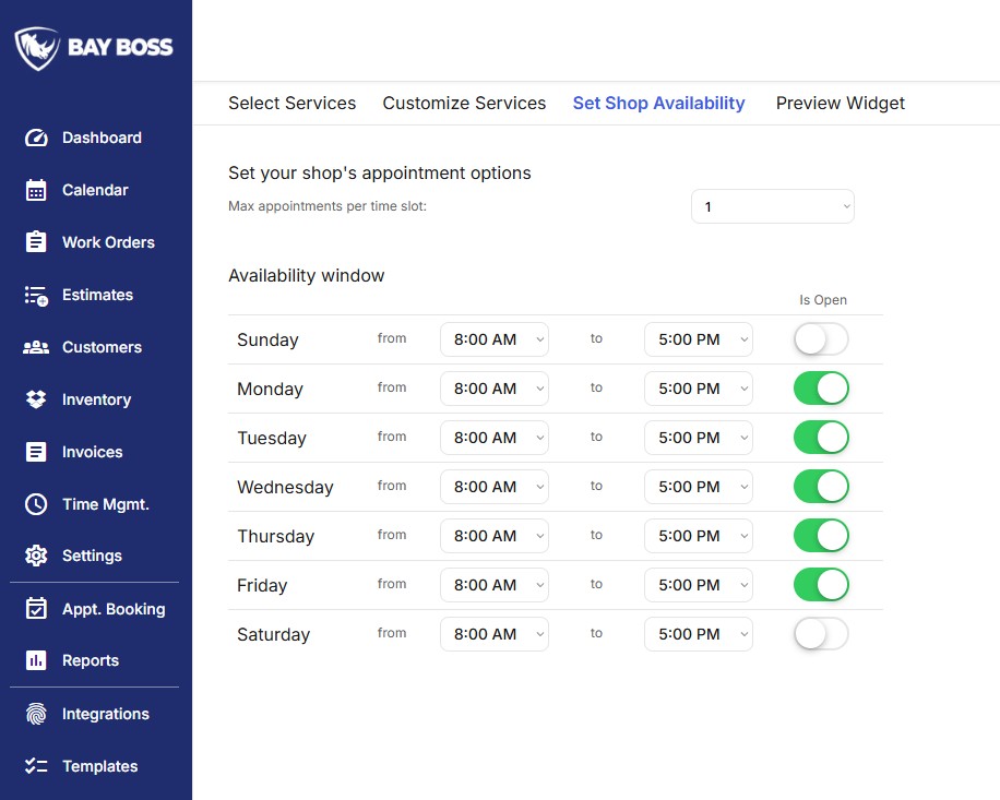 Settings updates for your shop control which days your customers can book appointments with you.