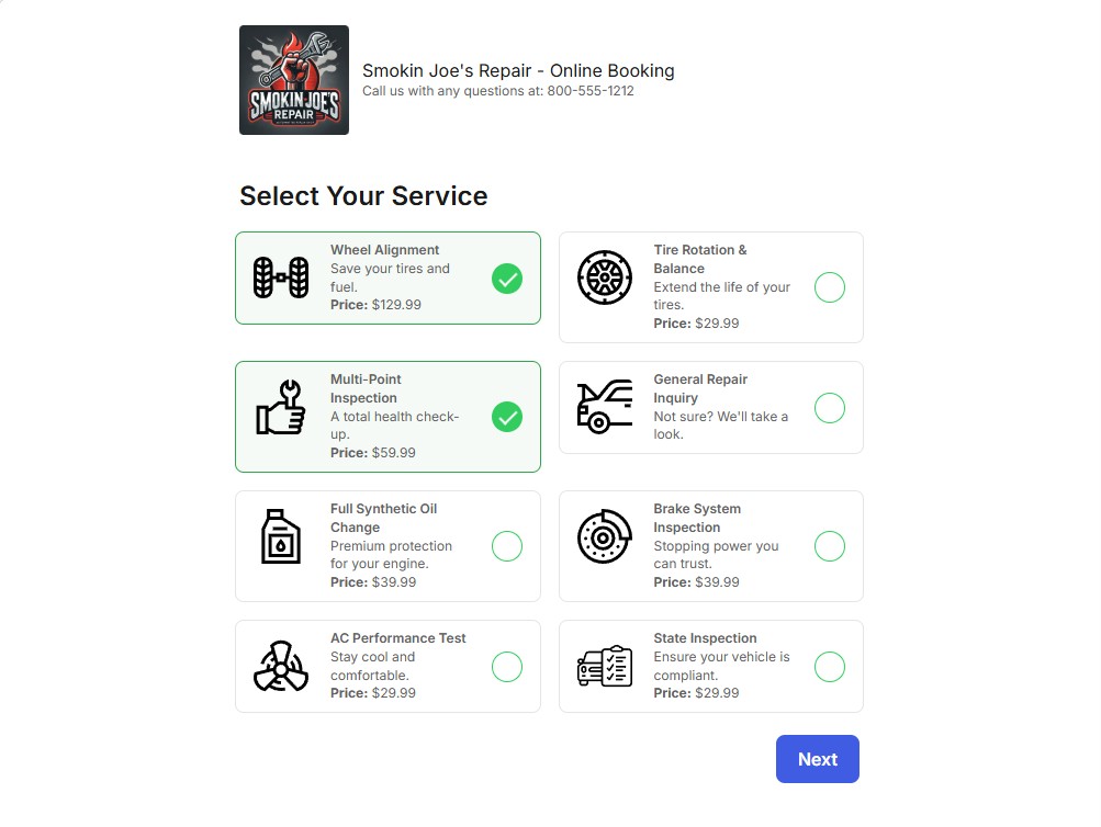Mobile optimized UI allows your customers to use any device to book appointments online with your shop.