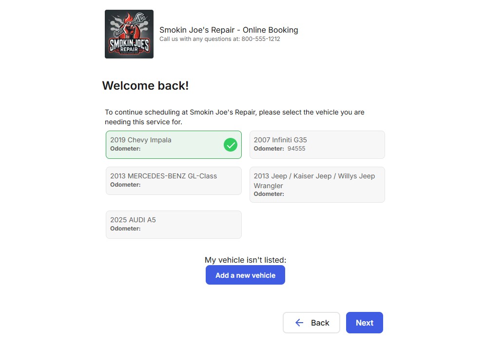 Customer lookup allows your customers to select the right vehicle for service.