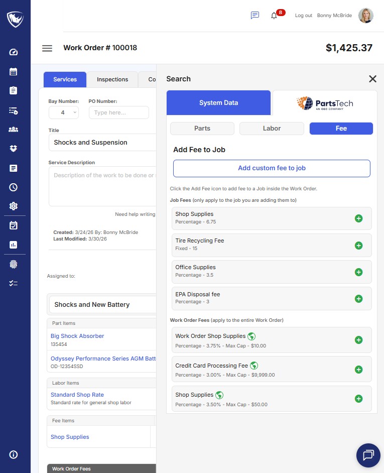 Bay Boss Work Order Details screen in mobile responsive view.