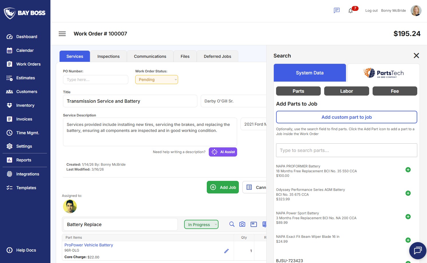 Bay Boss Work Order Details screen in mobile responsive view.
