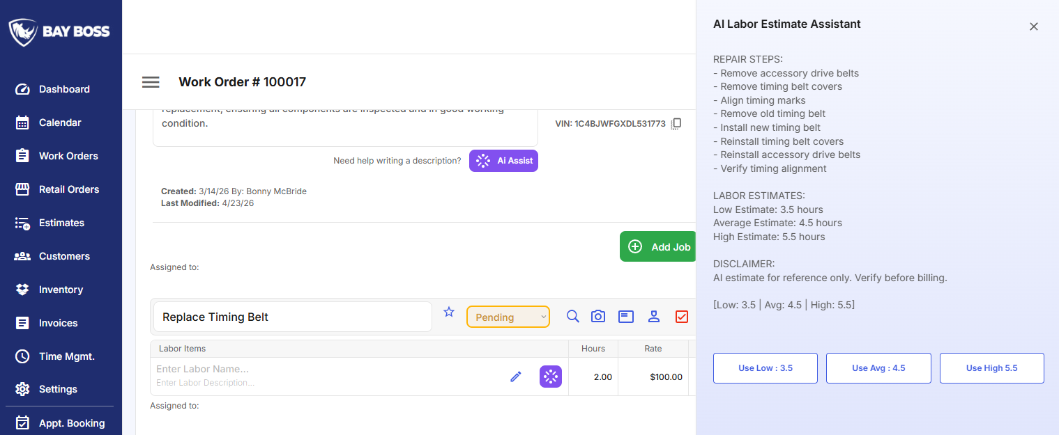 Bay Boss AI Assist can use the job title plus the vehicle details, including year, make, model, and VIN, to generate low, average, and high labor hour suggestions right inside the workflow.