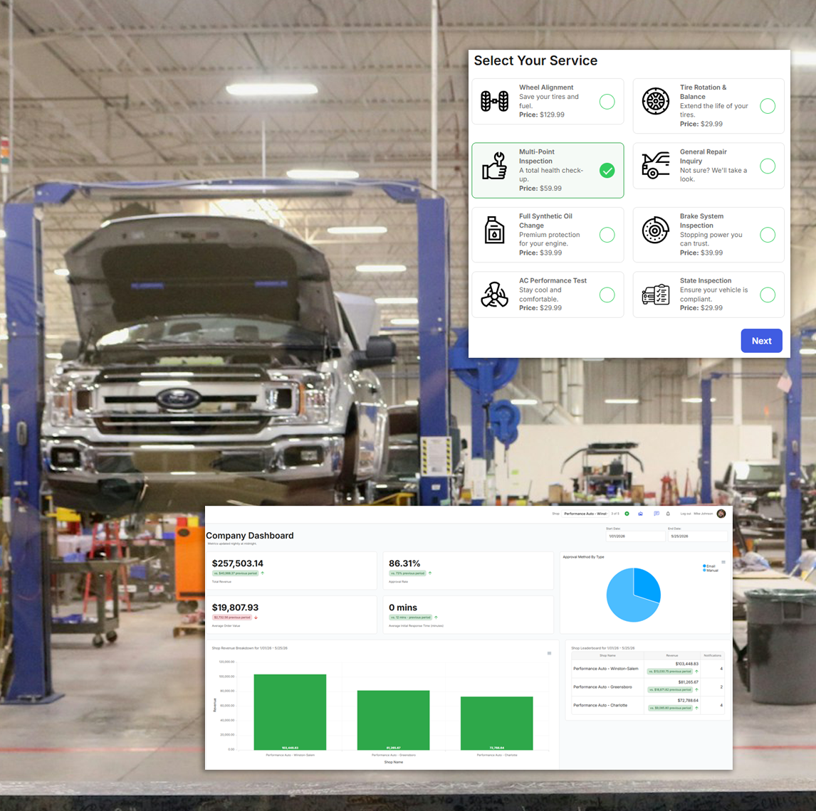 Easily view the work by bay in Bay Boss. Drag and drop interface makes managing work orders easy.