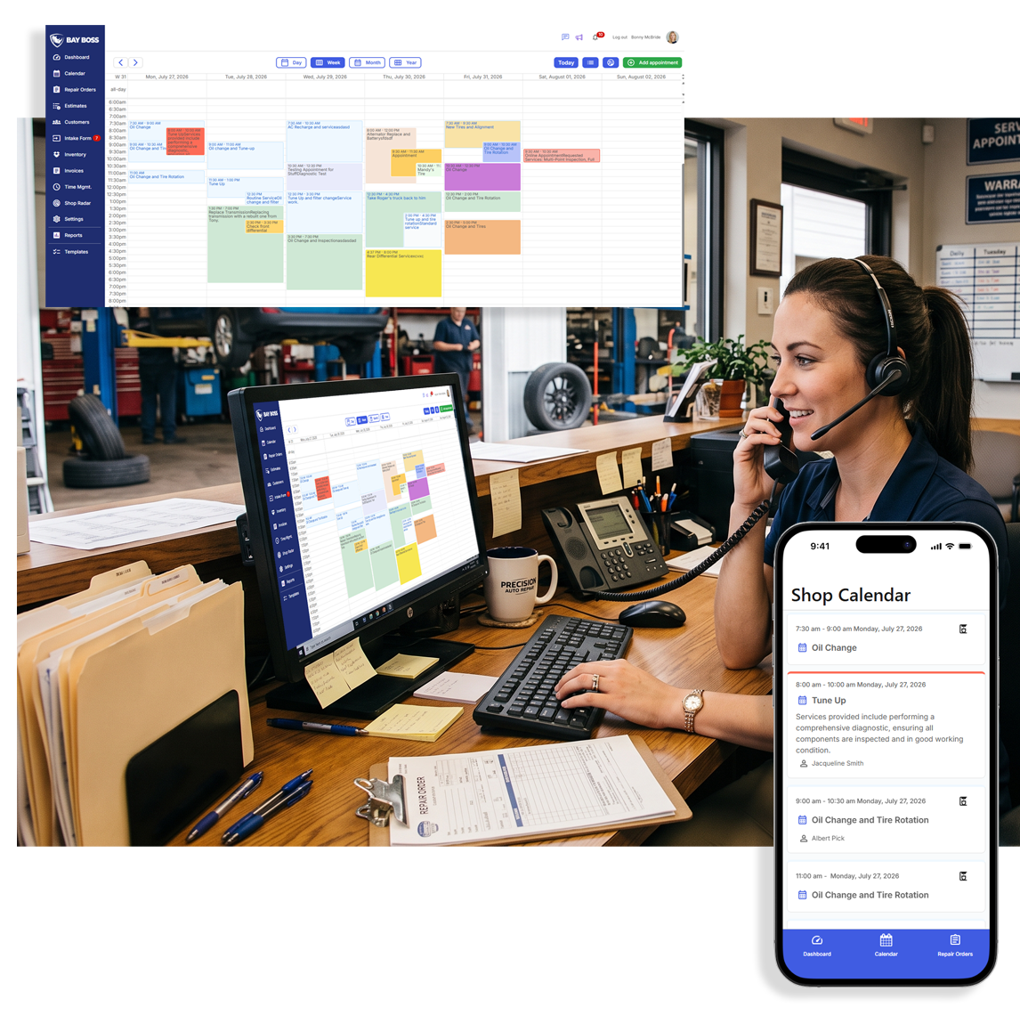 A service writer at an auto repair shop books an appointment with Bay Boss.