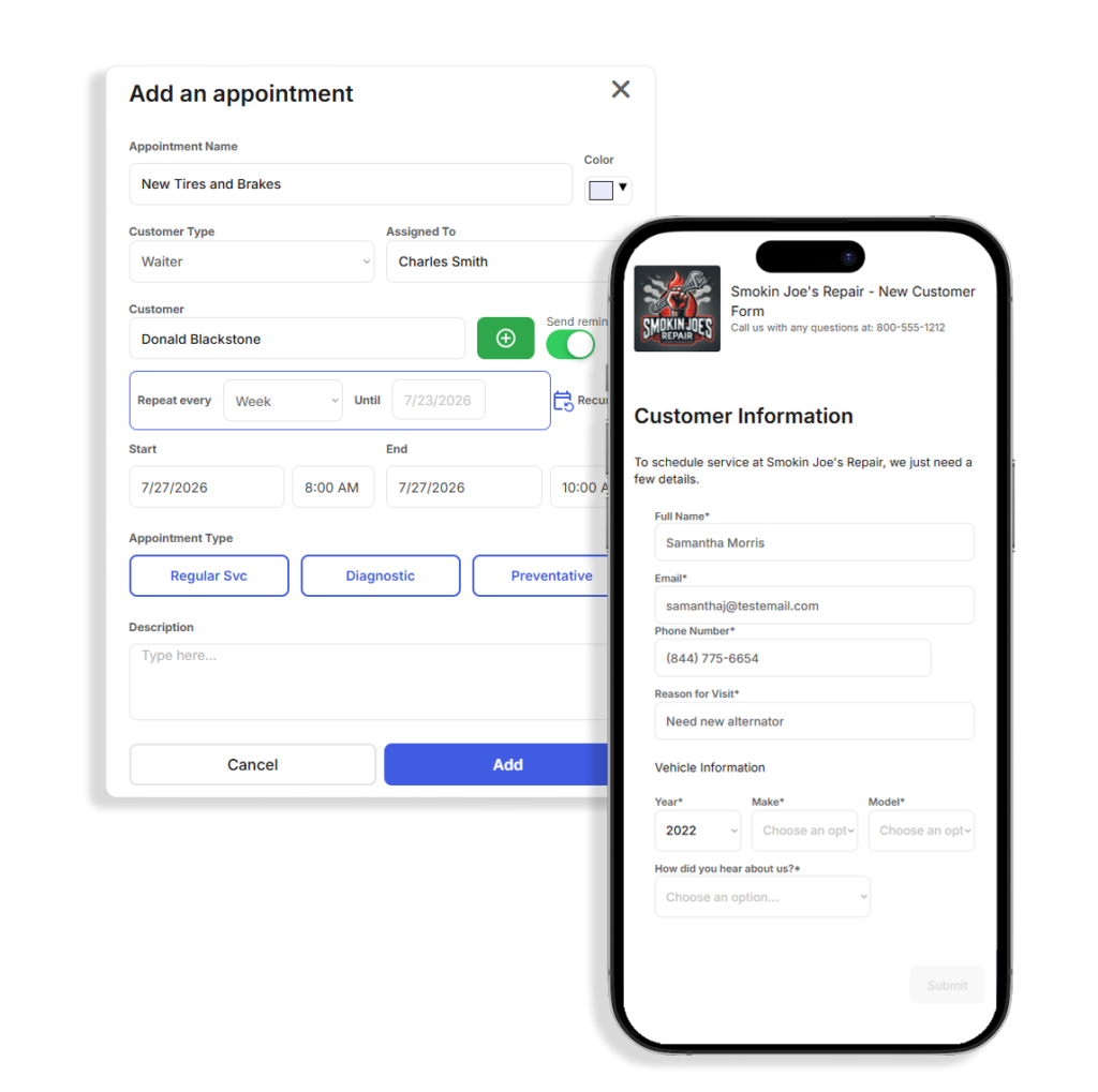 Easily create appointments for your shop or allow customers to book directly with Bay Boss.