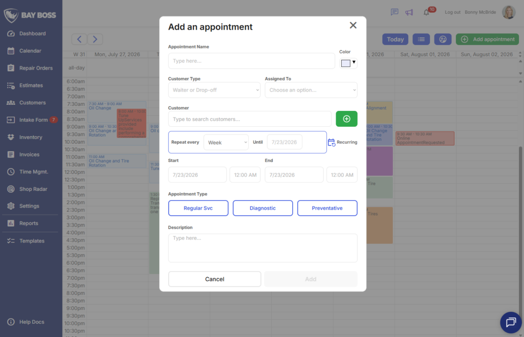 Easily create appointments for your shop or allow customers to book directly with Bay Boss.