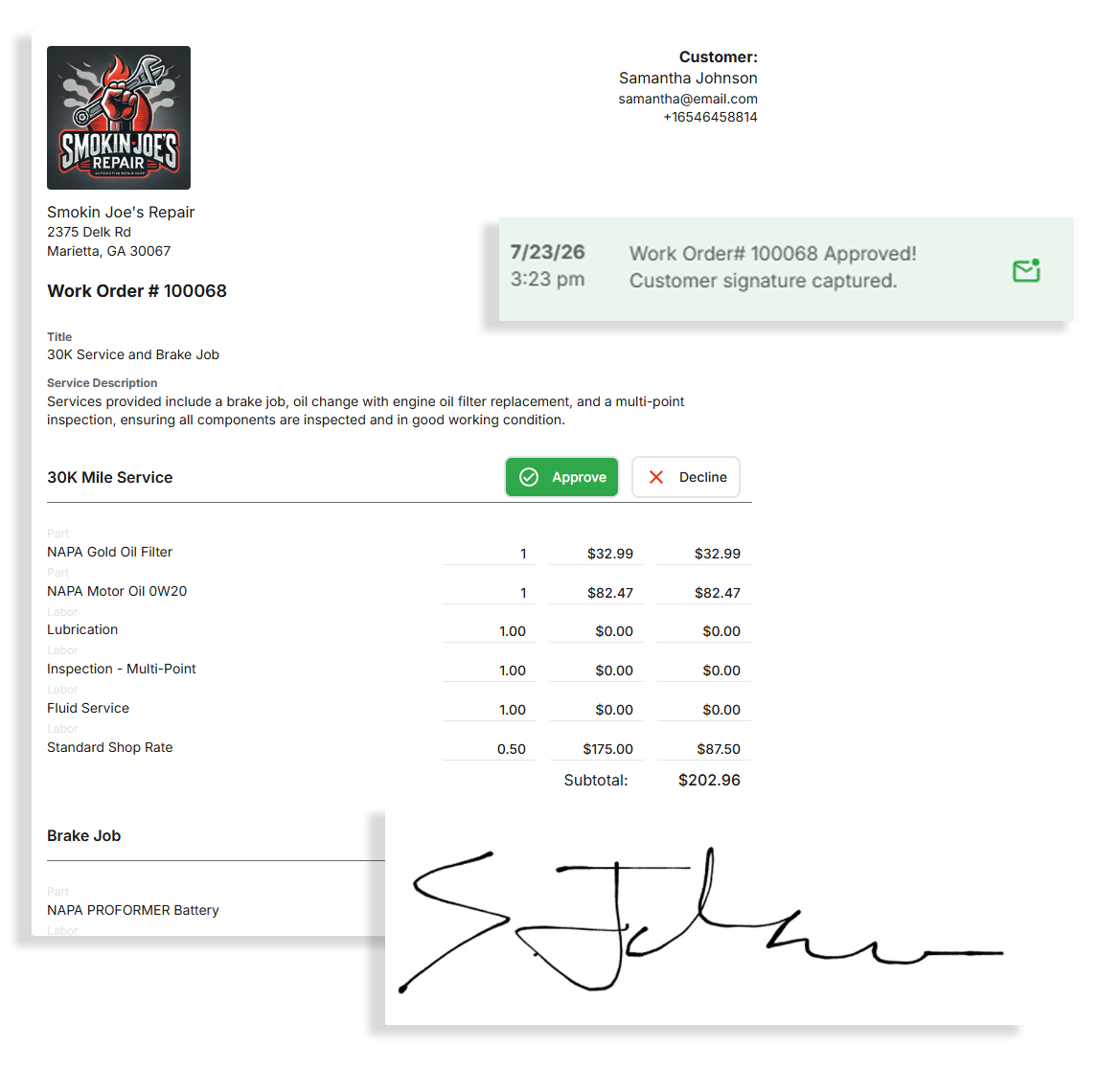 Send and receive electronic approvals for work with Bay Boss Shop Management system.