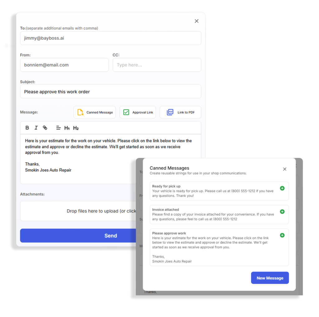 Bay Boss shop management web application showing an active work order communication log with sent emails, SMS history, and attachment links