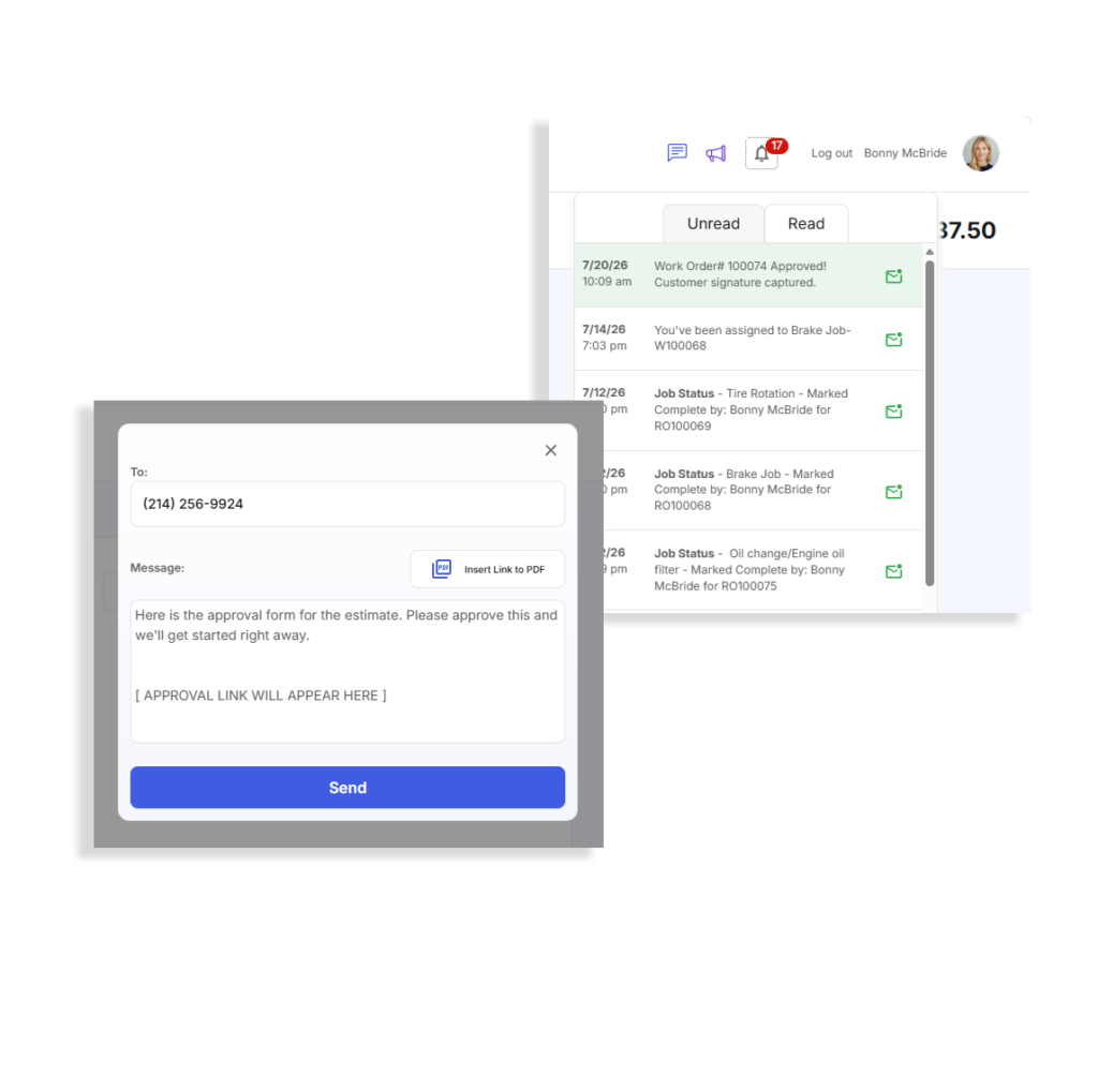 Bay Boss shop management web application showing an active work order communication log with sent emails, SMS history, and attachment links