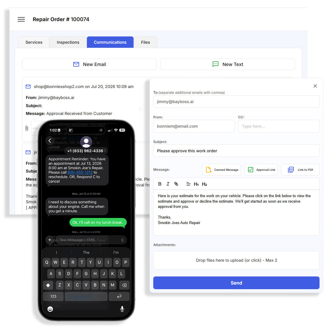 Bay Boss shop management web application showing an active work order communication log with sent emails, SMS history, and attachment links