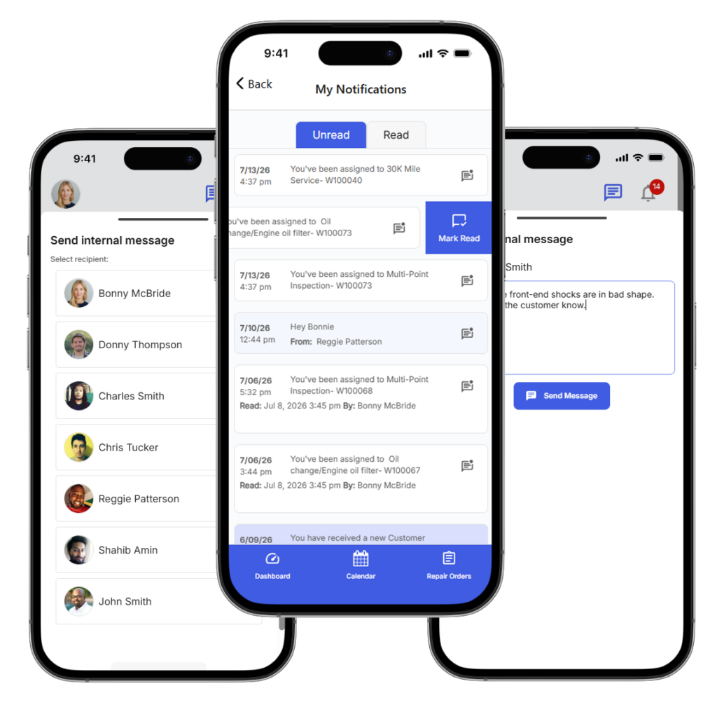 Ensure your team never misses a beat. Technicians receive real-time alerts the second they are assigned to a new vehicle, when parts for their job arrive, or when a work order is updated.