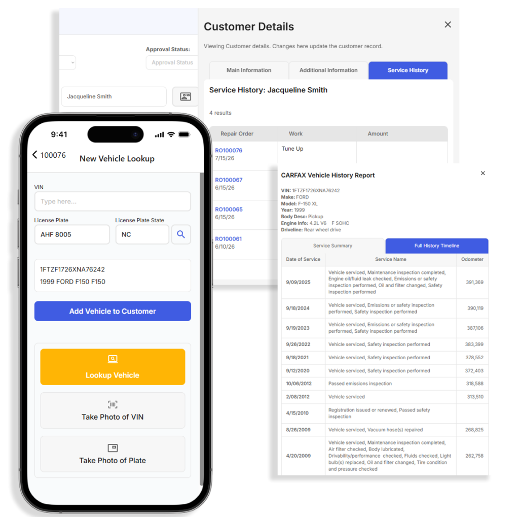 Bay Boss mobile app showing the vehicle lookup screen with options to scan a license plate, take a photo of a VIN plate, or lookup a vehicle manually