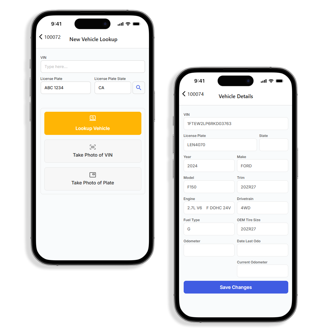 Bay Boss mobile app showing the vehicle lookup screen with options to scan a license plate, take a photo of a VIN plate, or lookup a vehicle manually