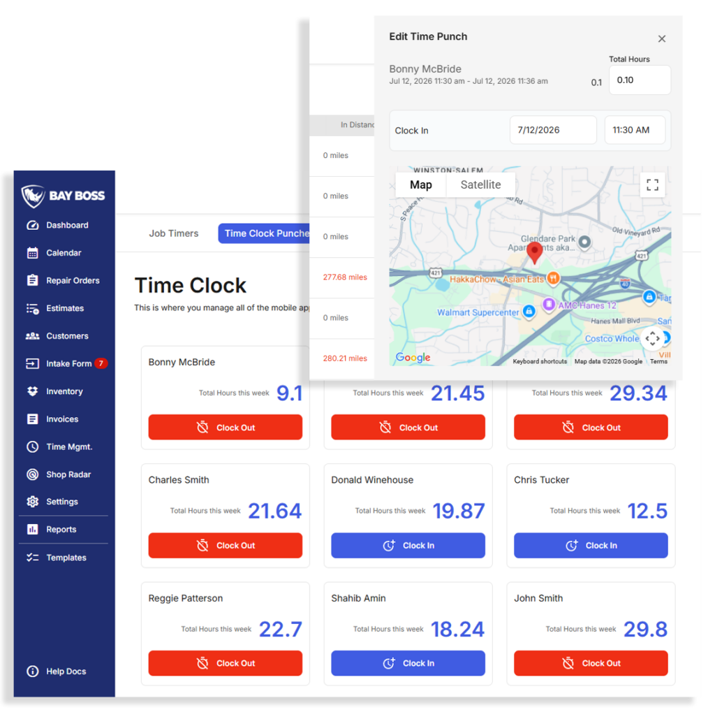 Bay Boss web application desktop dashboard showing the Time Management tab with active technician labor trackers and a shop efficiency leaderboard